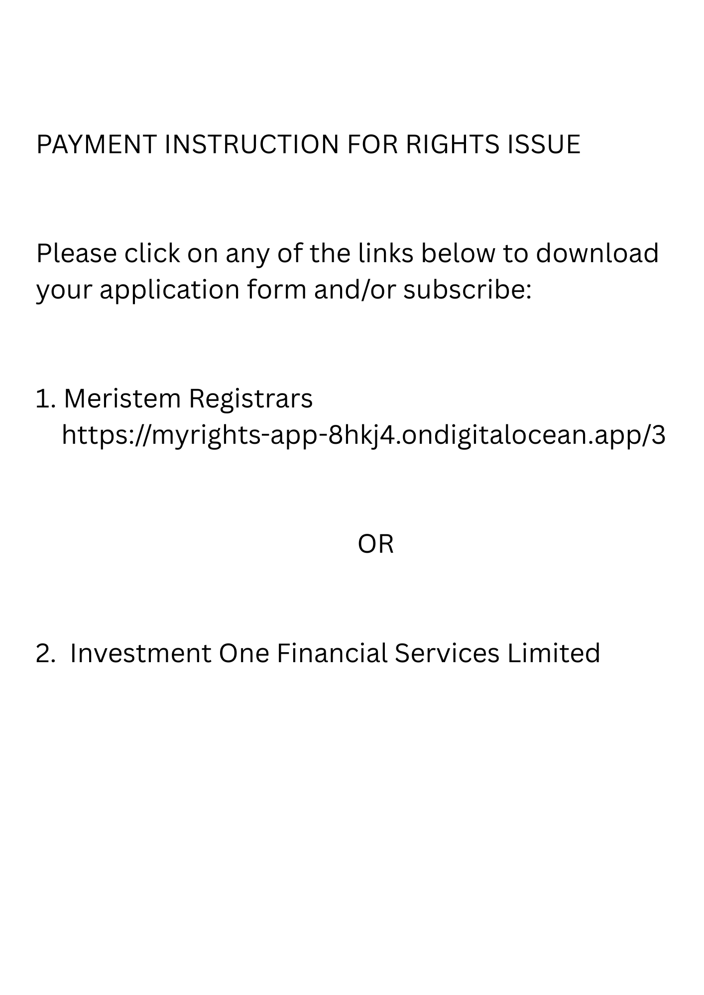 PAYMENT INSTRUCTION FOR RIGHTS ISSUE