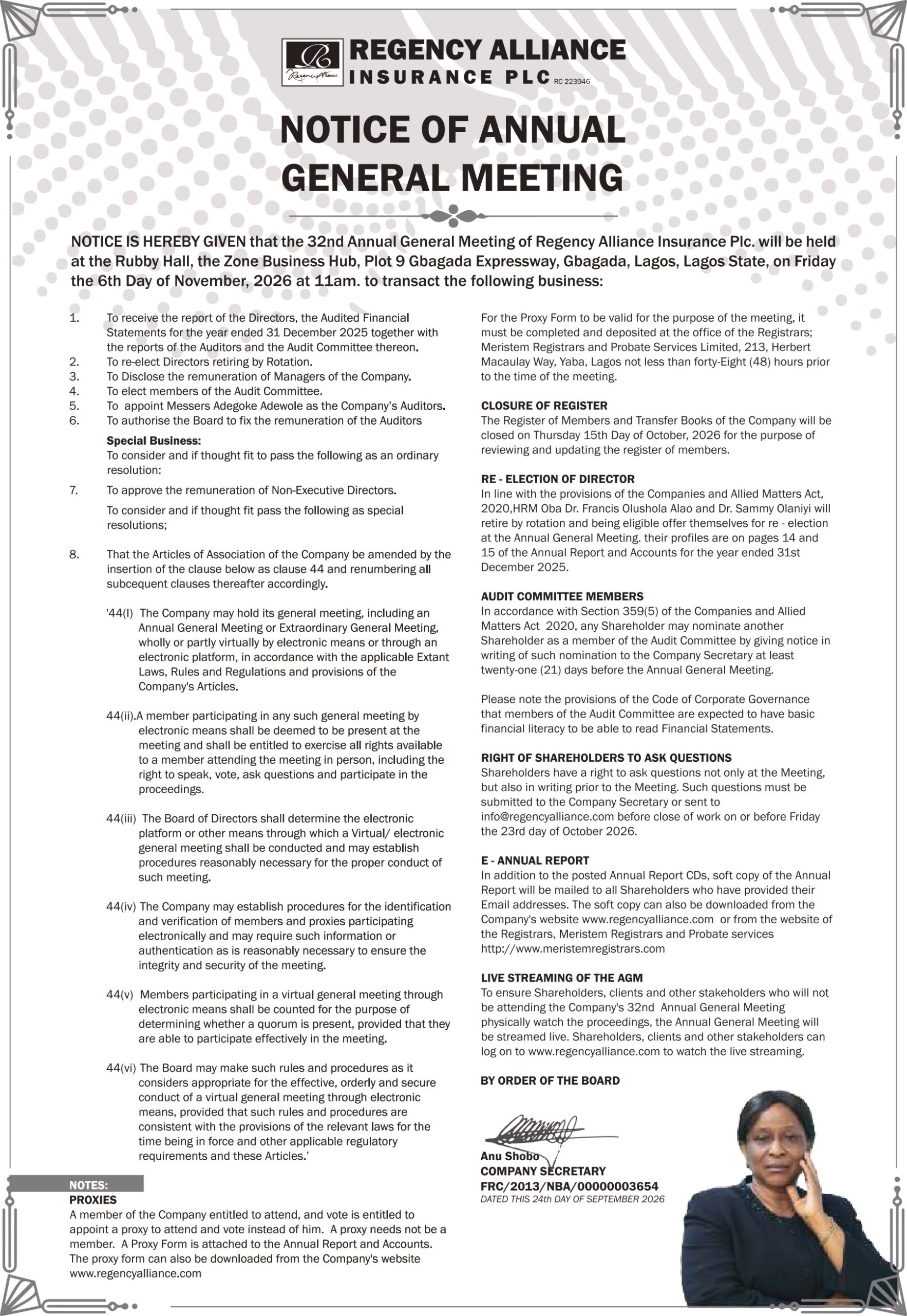NOTICE OF ANNUAL GENERAL MEETING 2026